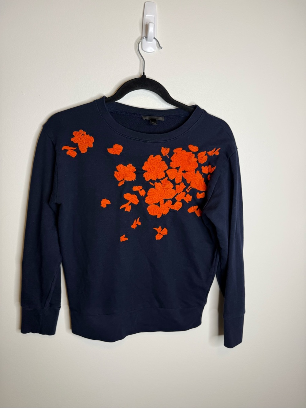 J. Crew Navy Sweatshirt with Bright Orange Floral Appliqué size xs